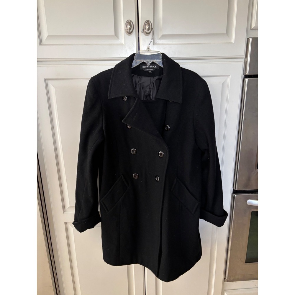 Donnybrook Black 100% Wool Pea Coat Double Breasted Mid Length Jacket Womens 14